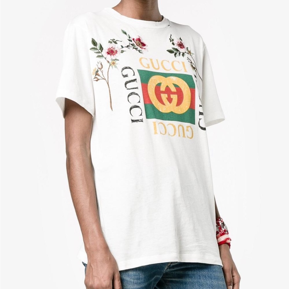 Gucci Floral-Embroidered Logo Distressed Cotton T-Shirt